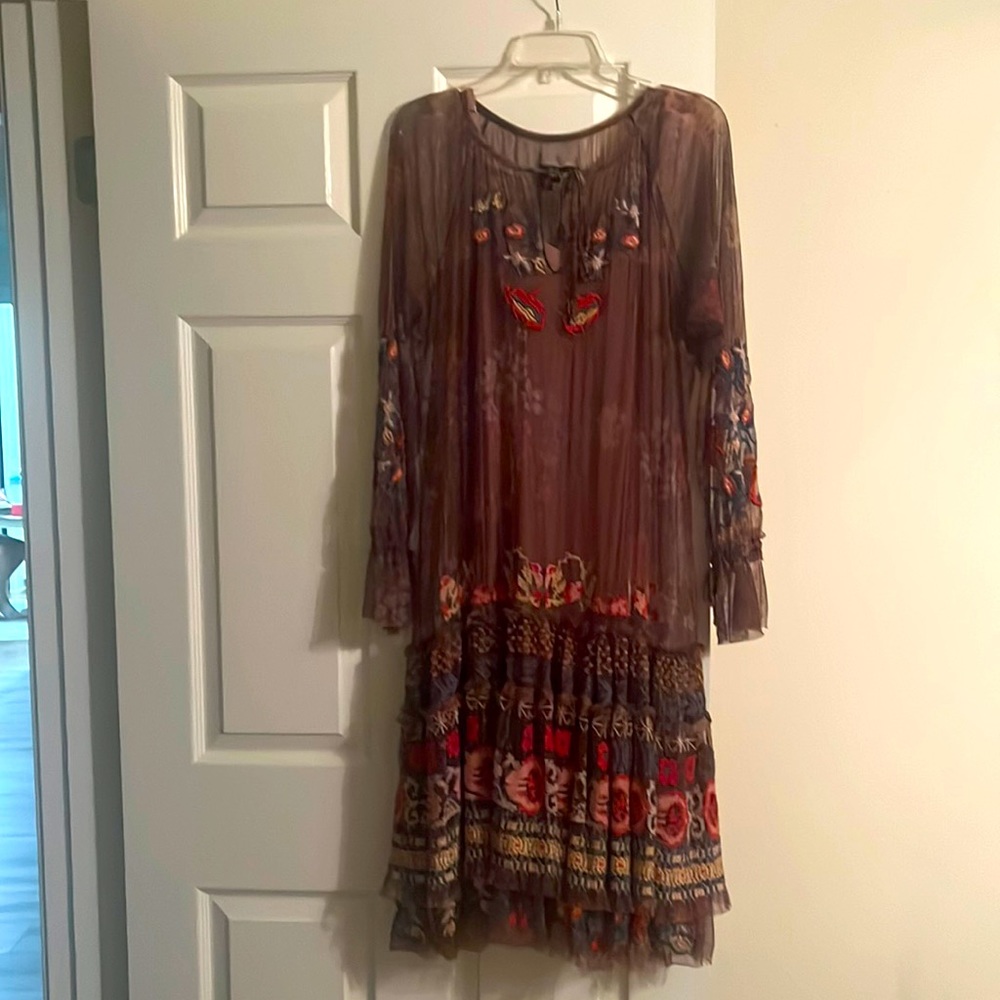 Boutique Exquisite Johnny Was slip dress w/ elegantly embroidered overdress.